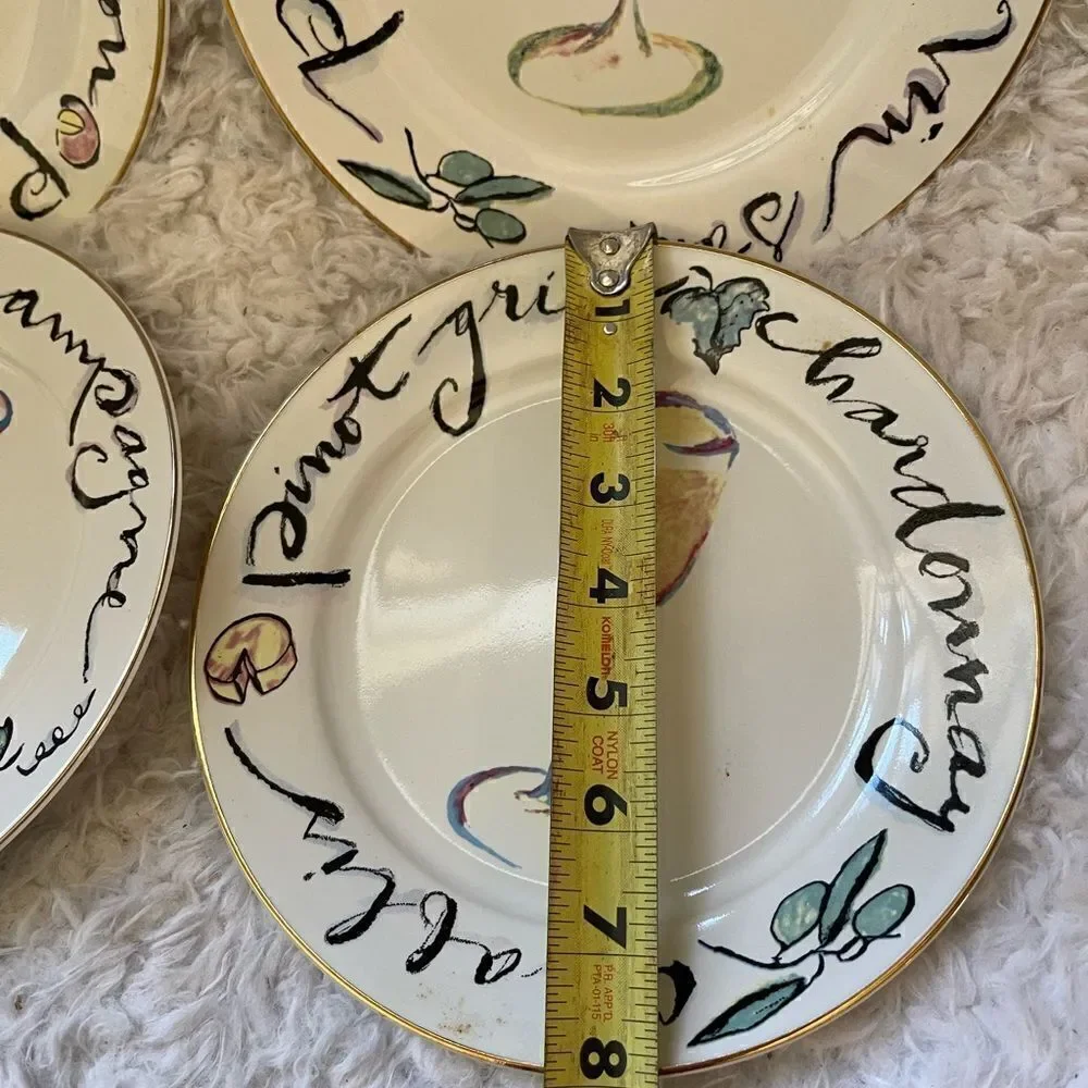 Rosanna Art Set of 4 Brunch, Appetizer ,Wine Cheese Whimsical Hand Drawn plates